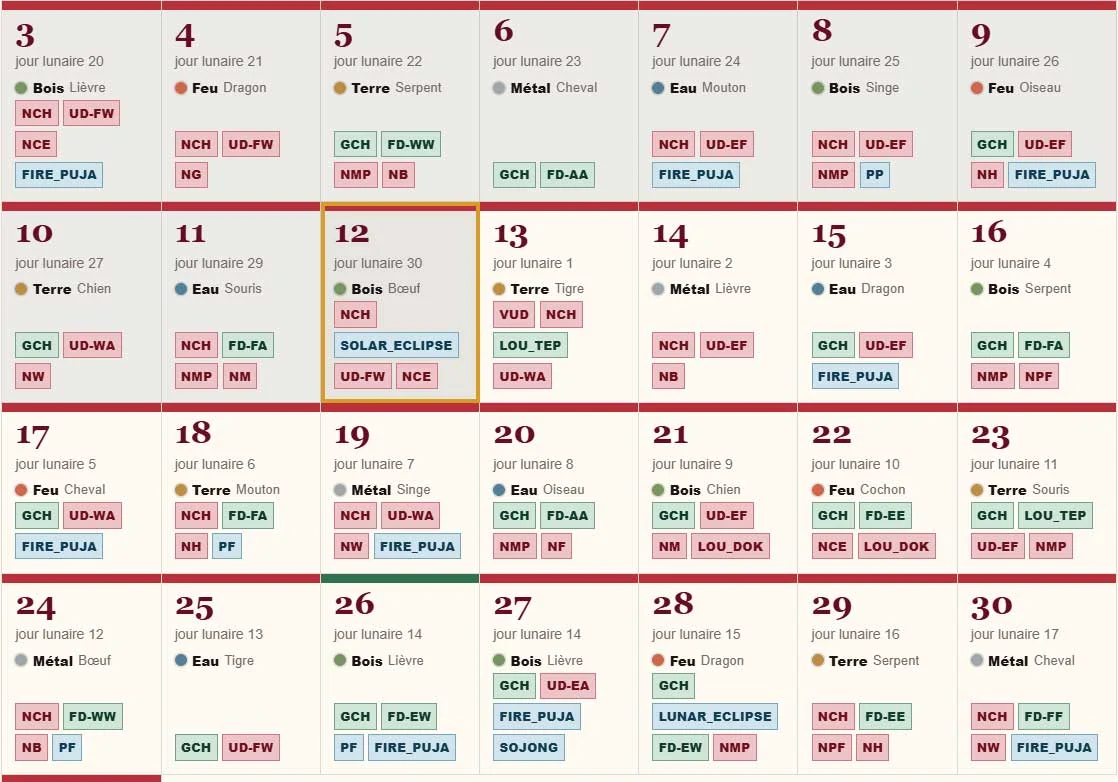 Aperçu du calendrier complet d’août 2026 avec jours lunaires, éléments, indications favorables, restrictions et pratiques ou événements